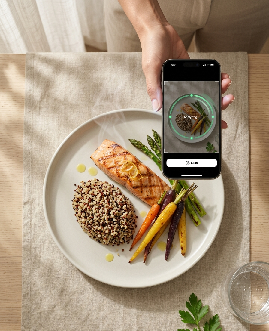 A hand holding an iPhone above a plate of salmon and grains, the ScanBite app analyzing the meal.