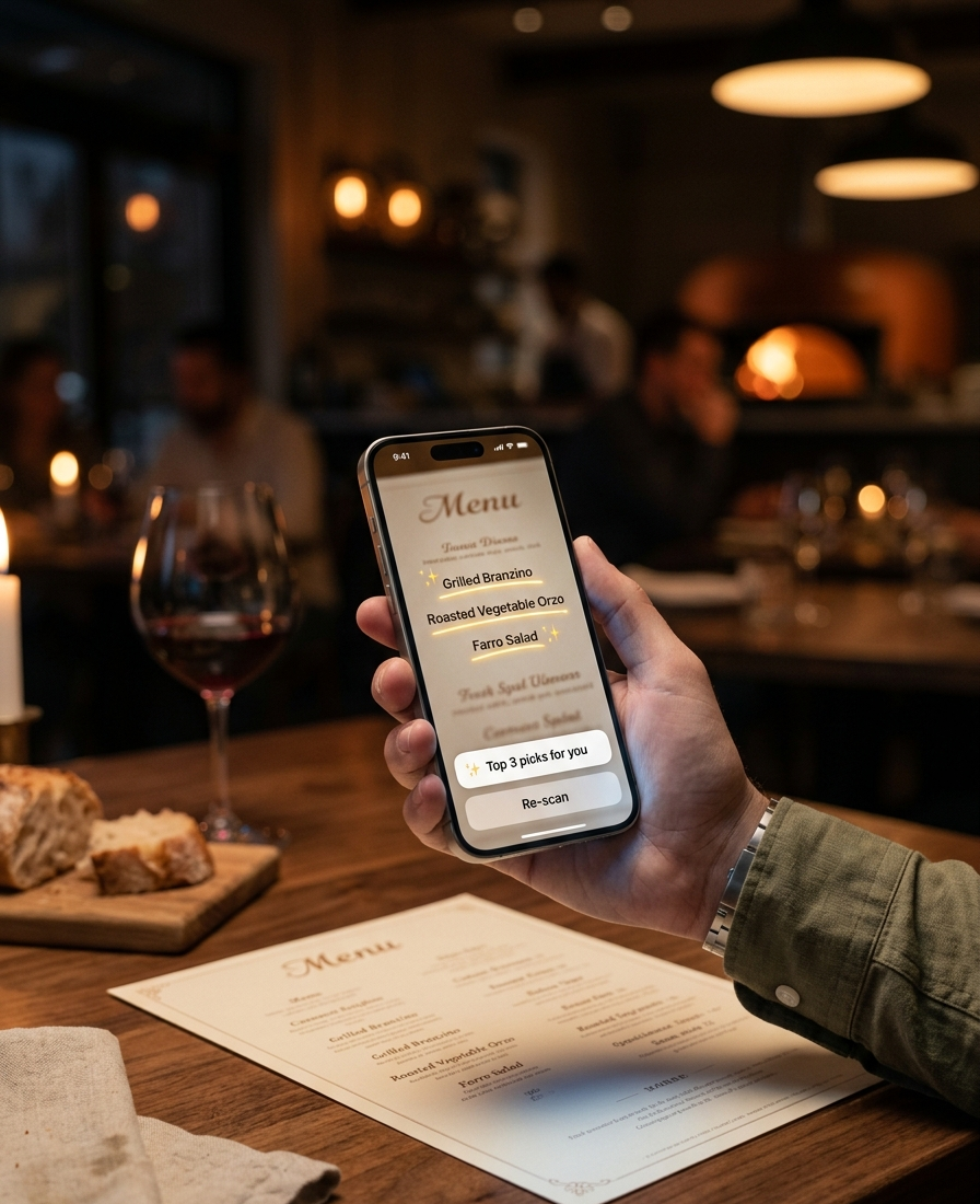 An iPhone photographing a restaurant menu under candlelight, with AI picking dishes.