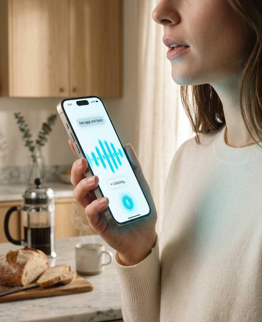 A person speaking into their phone with the ScanBite voice log waveform responding.