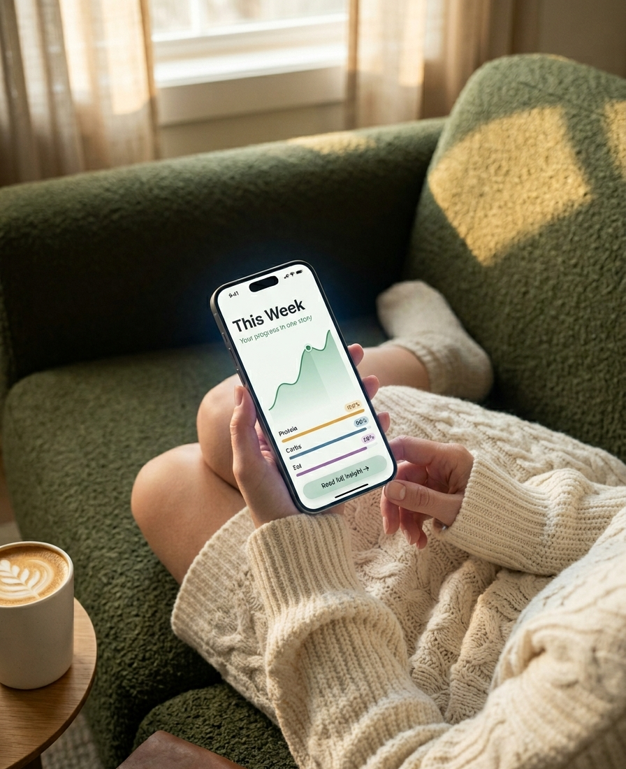 An iPhone showing the weekly insights view, with a chart of progress over seven days.