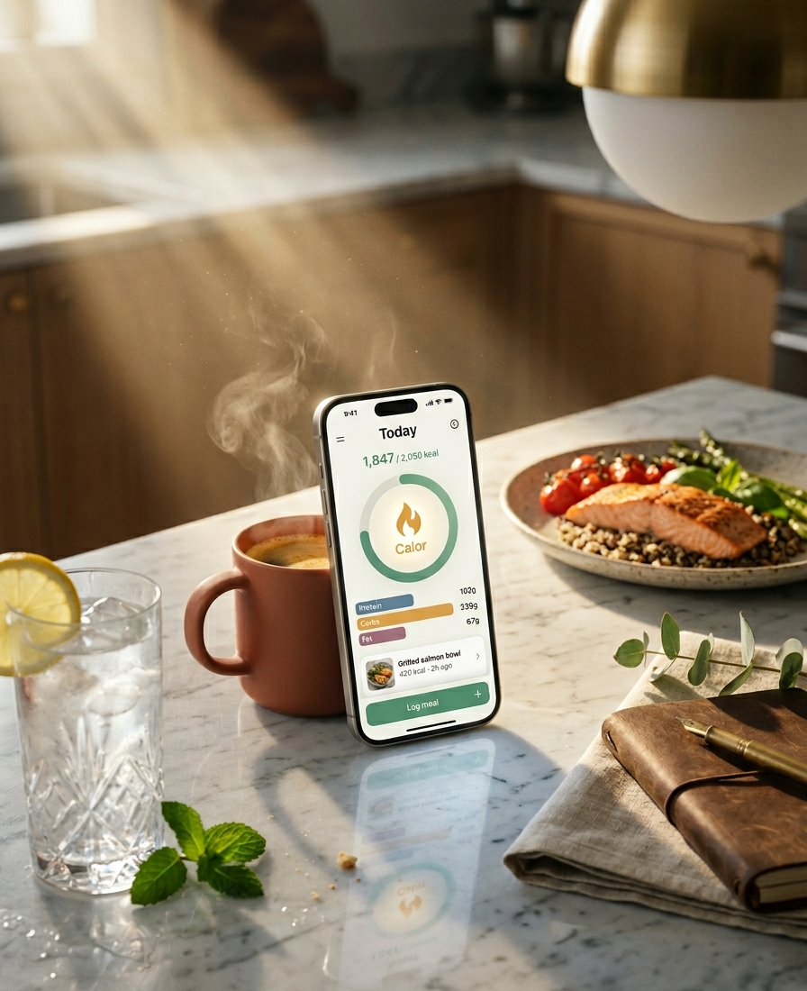 ScanBite app showing the daily log on iPhone beside a kitchen scene with coffee, fresh salmon plate, and lemon water.